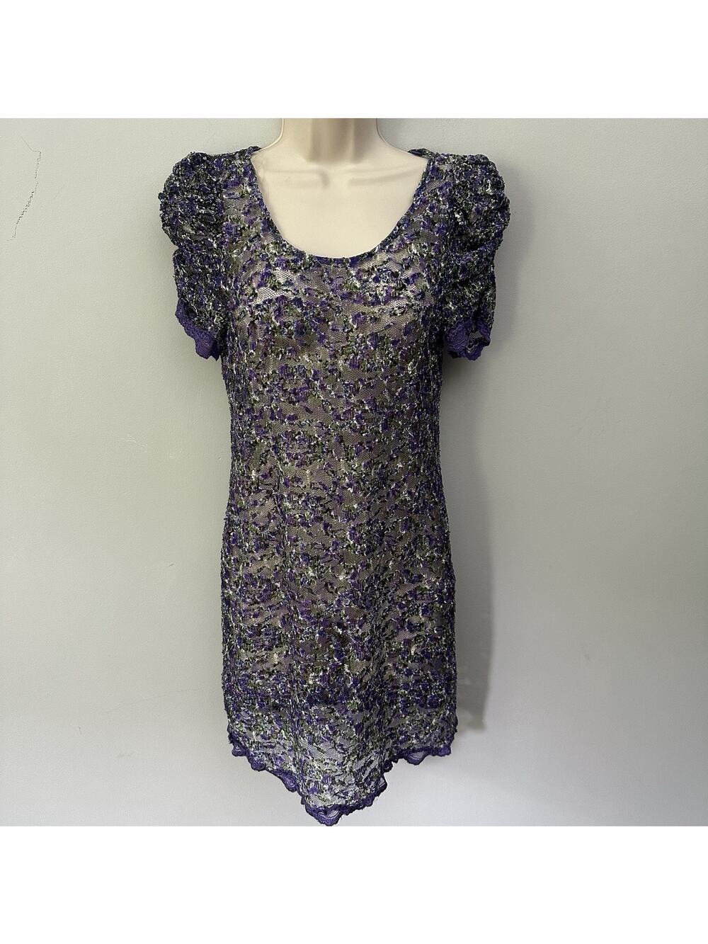 Vintage Eci Dress Womens Small Purple Sheer Lace Puff Sleeve Dainty Coquette